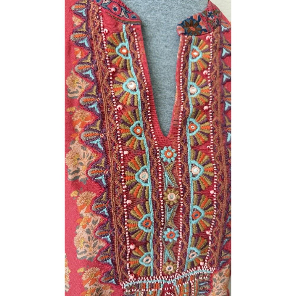 Soft Surroundings XS Red Paisley Floral Embroidered Beaded Phoenix Midi Dress - Picture 4 of 11